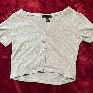 Forever 21 grey short-sleeved, heart button-up crop top with a v-neck